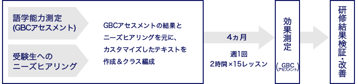 語学能力測定(FSI)・受験生へのニーズヒアリング→FSIの結果とニーズヒアリングを元に、カスタマイズしたテキストを作成＆クラス編成→4ヵ月　週1回2時間×15レッスン→効果測定(FSI)→研修結果検証・改善