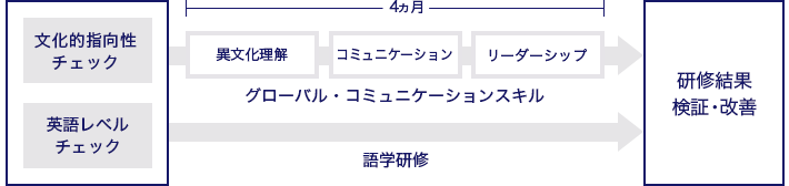 文化的指向性チェック 英語レベルチェック→4ヵ月 異文化理解・コミュニケーション・リーダーシップ(グローバル・コミュニケーションスキル)語学研修→研修結果 検証・改善